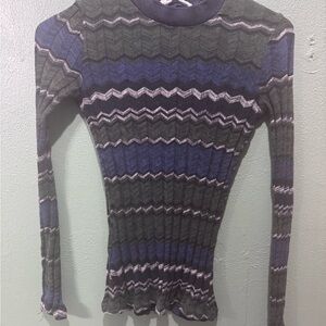 Mango Striped Chevron Ribbed Long-Sleeve Top - Blue & Gray